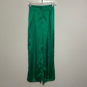 Haute Monde Women's Pants Sz S Emerald Green Satin Wide Leg Holiday Casual Flaw